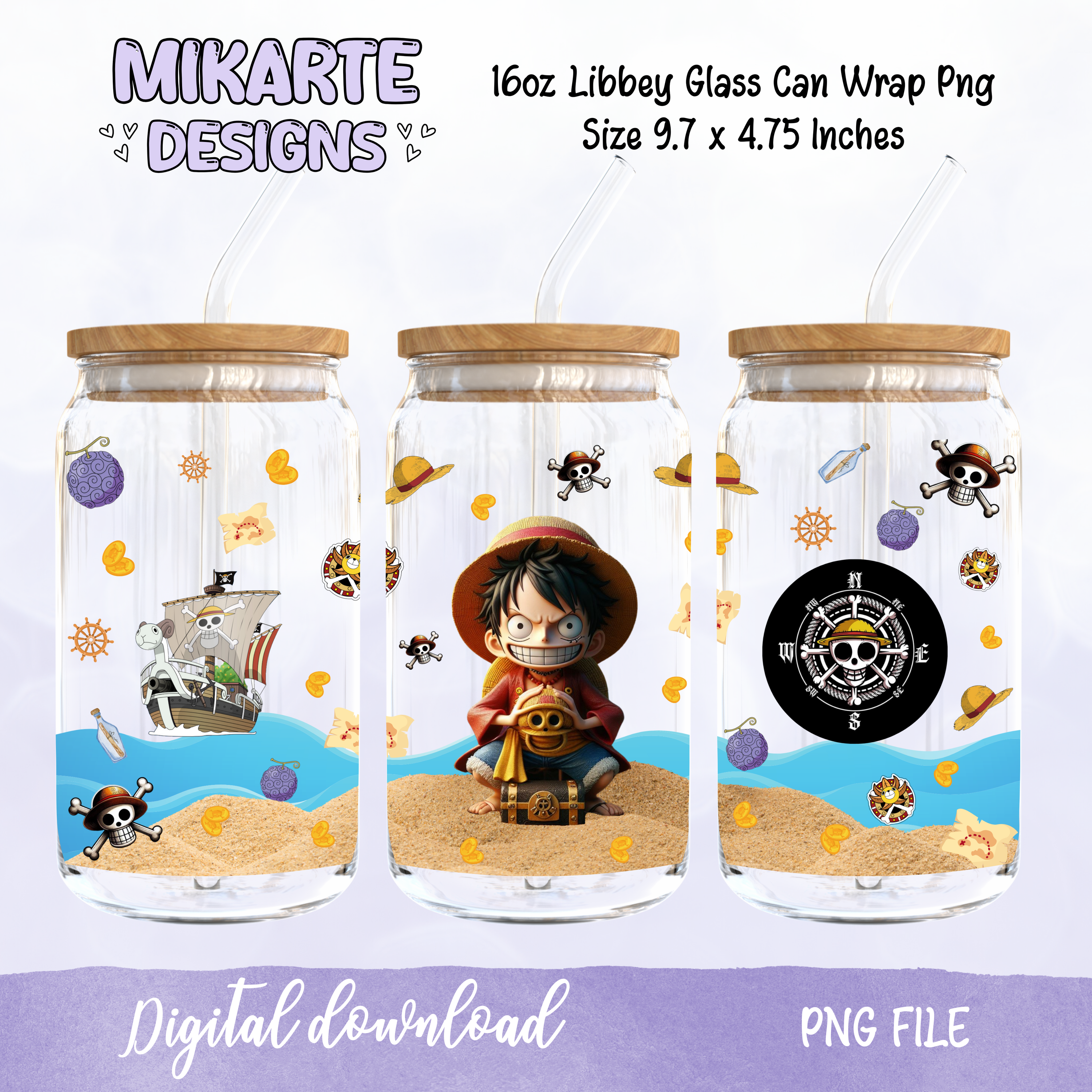 Anime de One Piece | Diseño Digital PNG de Vaso de Cristal de 16oz