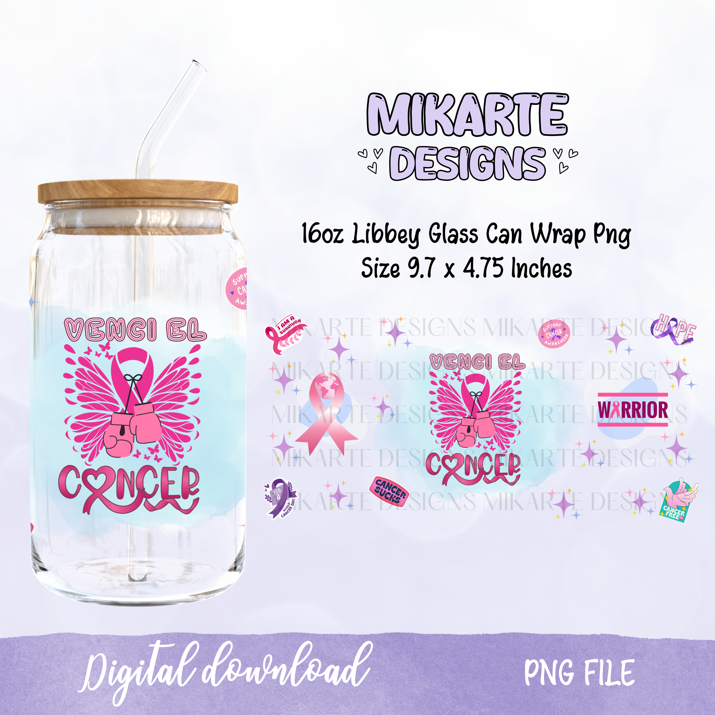 Vencí el Cáncer | Diseño Digital PNG para Vaso de Vidrio de 16oz