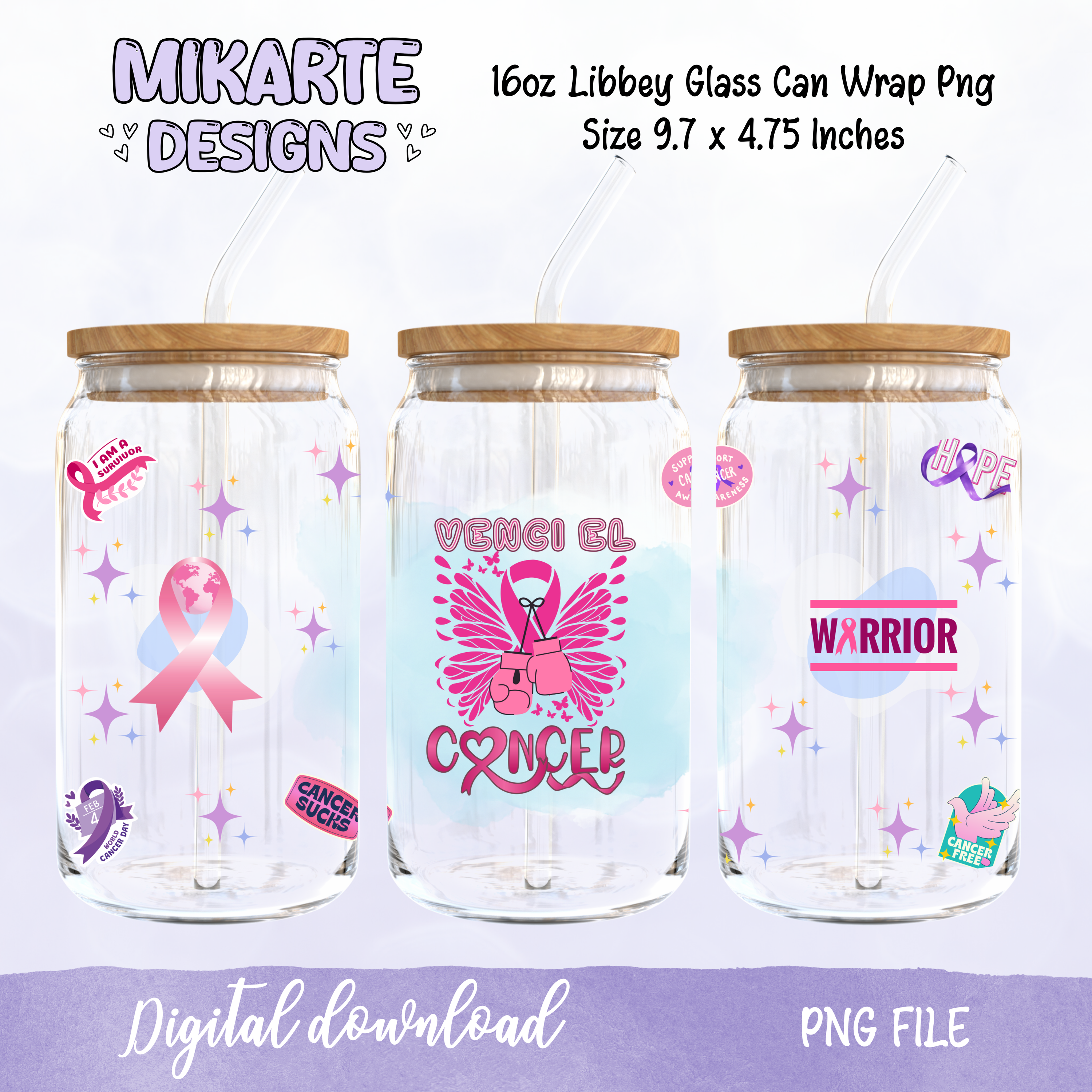 Vencí el Cáncer | Diseño Digital PNG para Vaso de Vidrio de 16oz