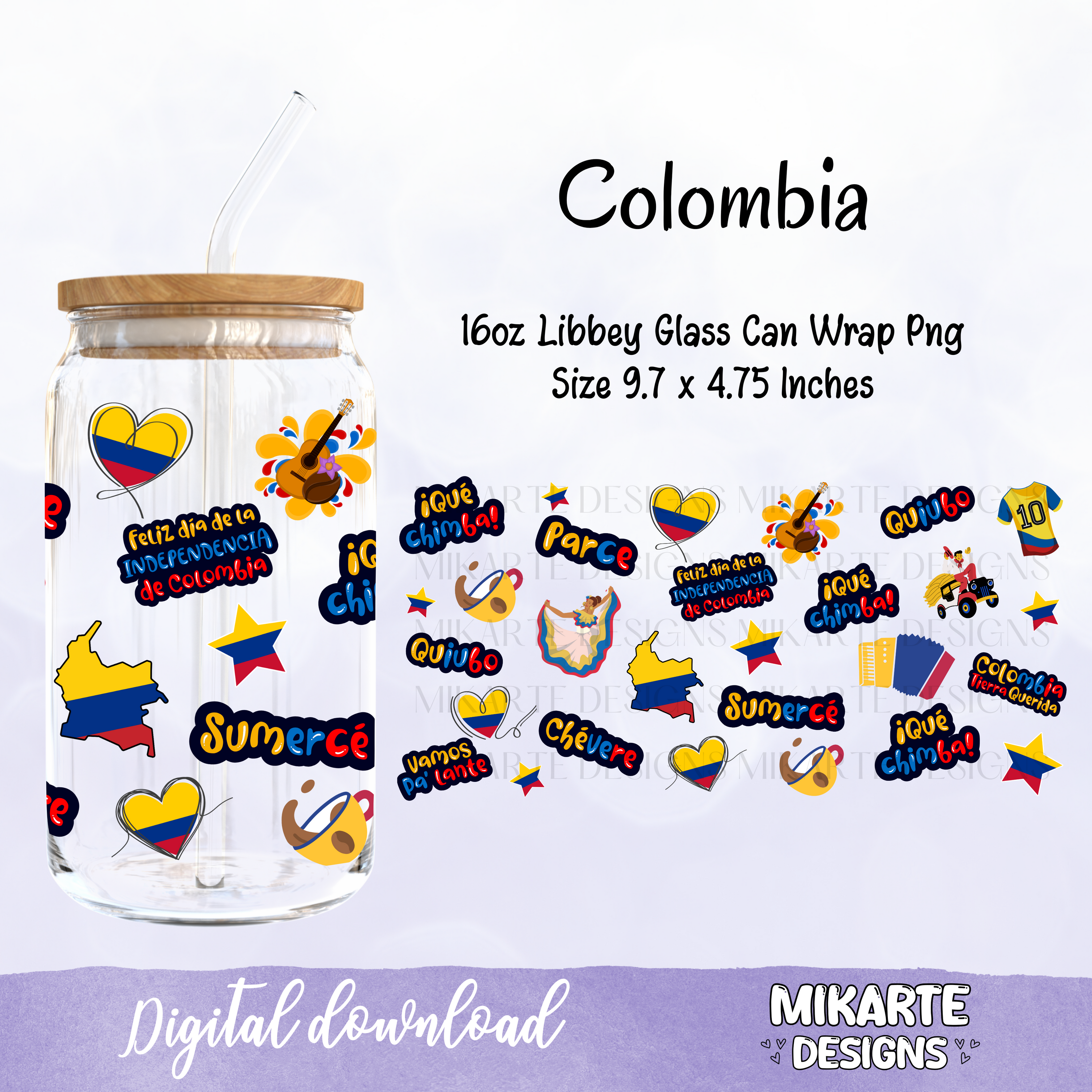 Colombia | Diseño Digital PNG de Vaso de Vidrio de 16oz