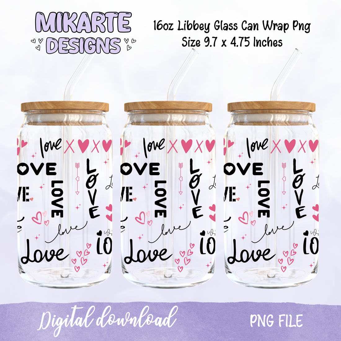Love Hearts | 16oz Glass Can PNG Digital Design