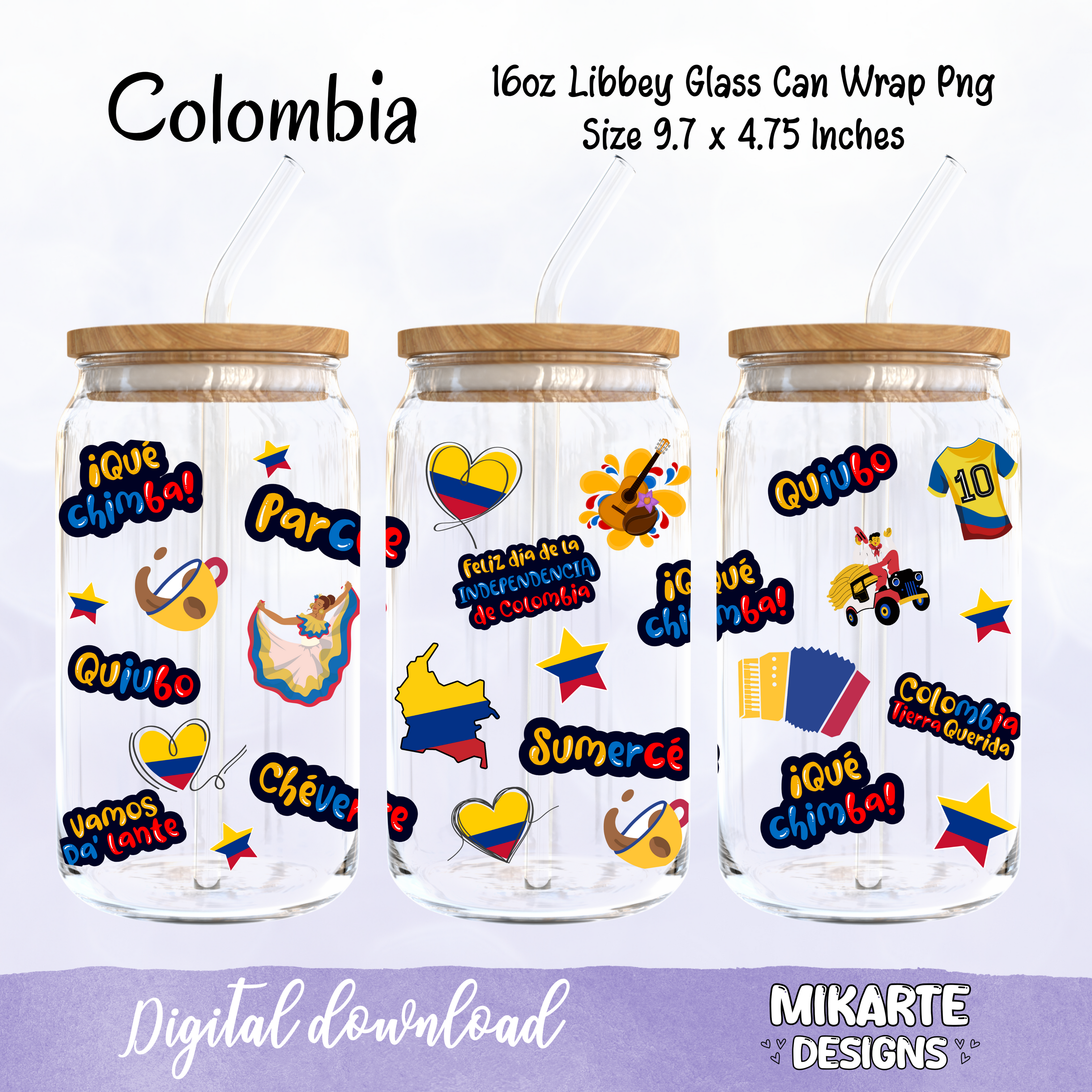 Colombia | Diseño Digital PNG de Vaso de Vidrio de 16oz