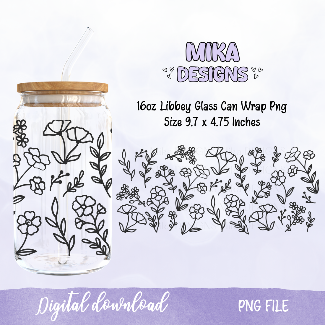 Line Flower | 16oz Glass Can PNG Digital Design