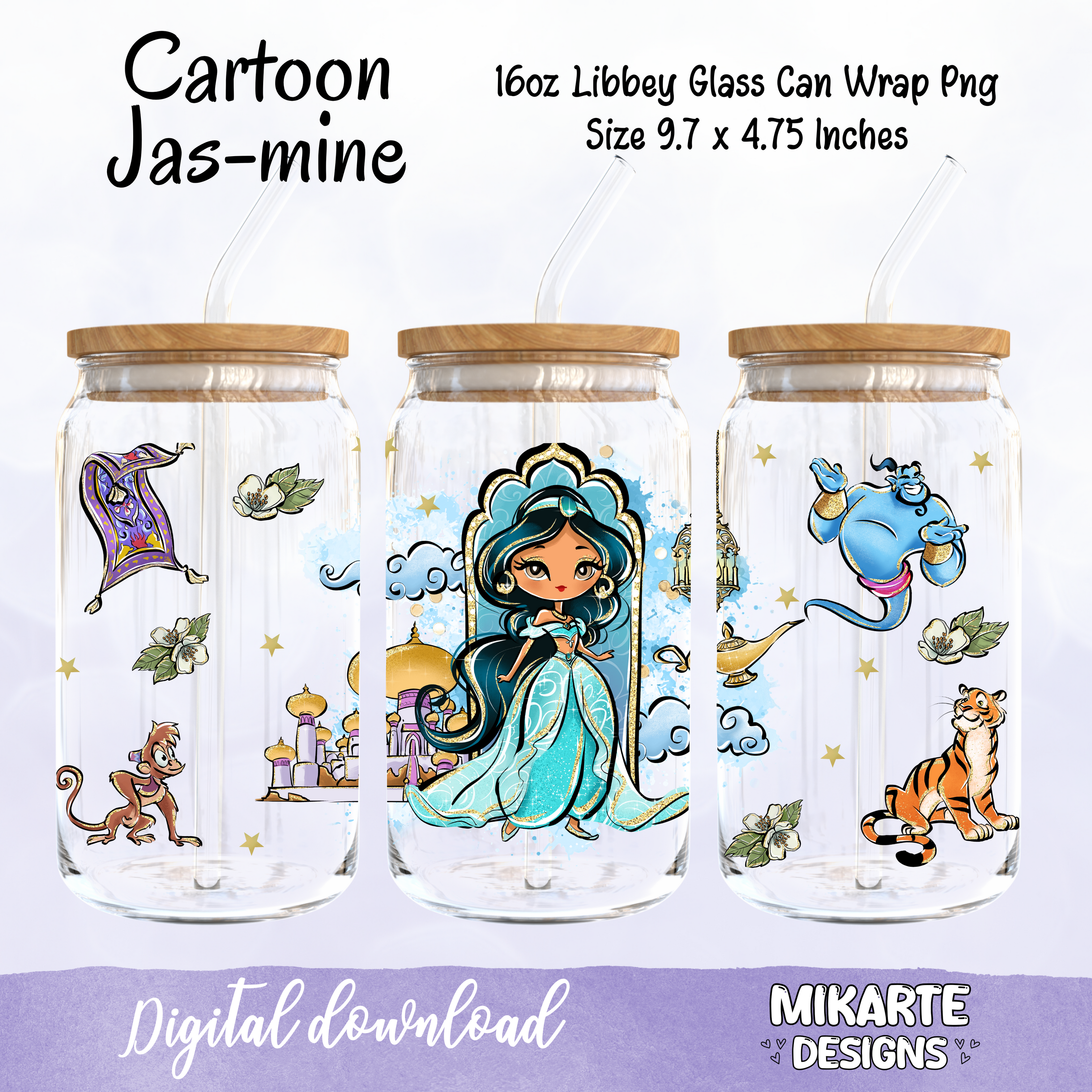 Diseño digital PNG de lata de vidrio de 16 oz | Caricatura de Jazmín