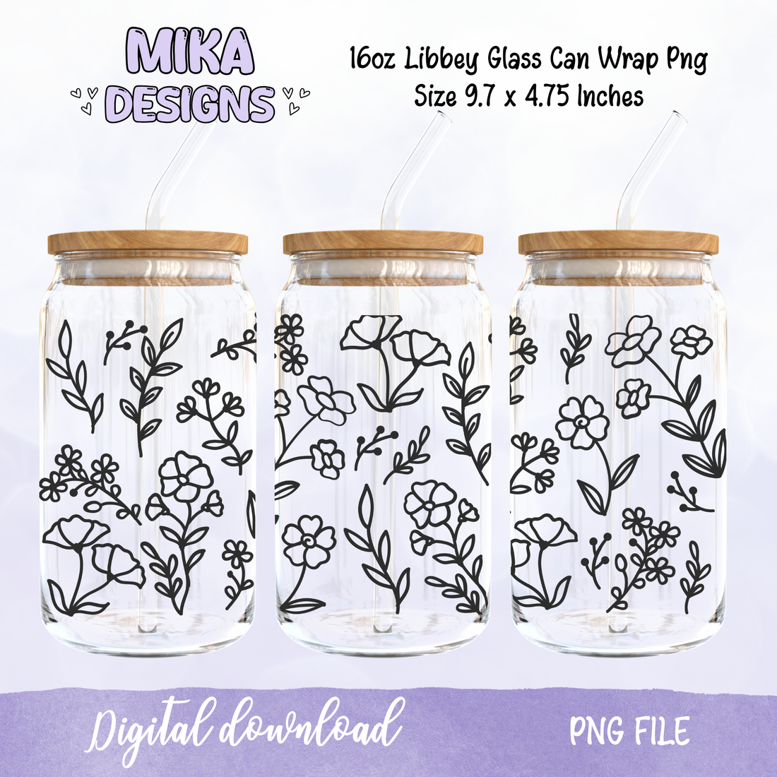 Line Flower | 16oz Glass Can PNG Digital Design