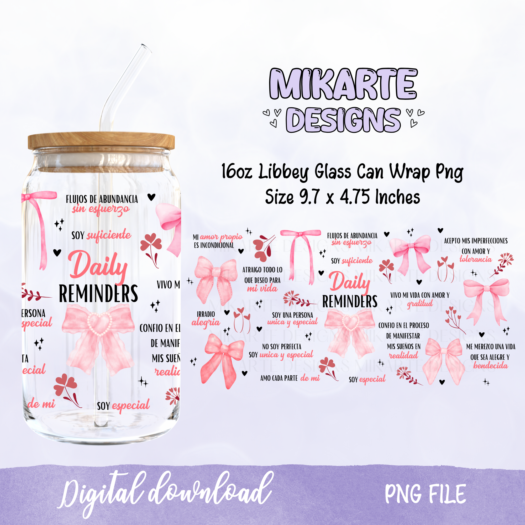 Recordatorio Diario Coqueta | Diseño Digital PNG Vaso de Vidrio de 16oz