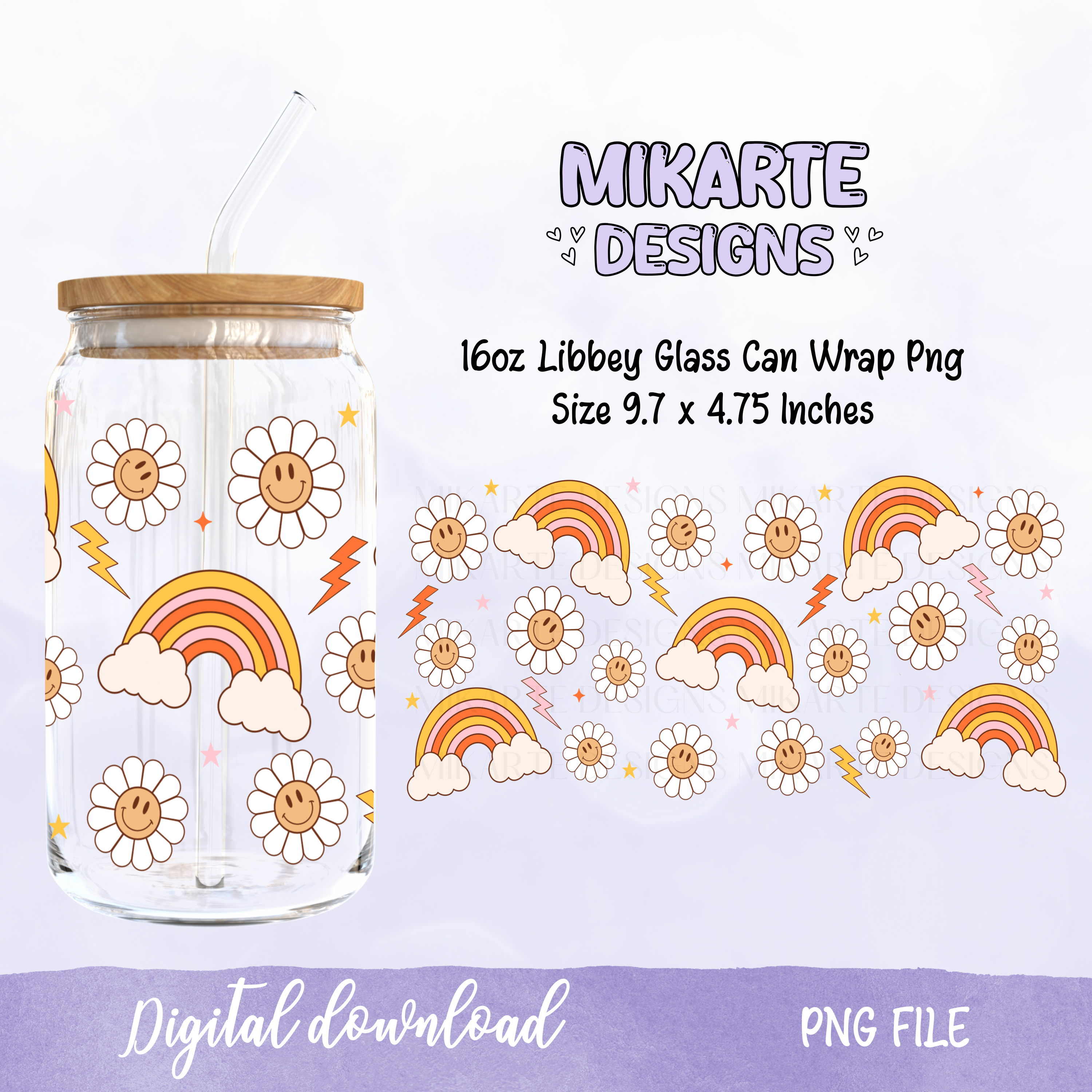 Arcos iris y nubes | Diseño digital PNG de vaso de vidrio de 16oz