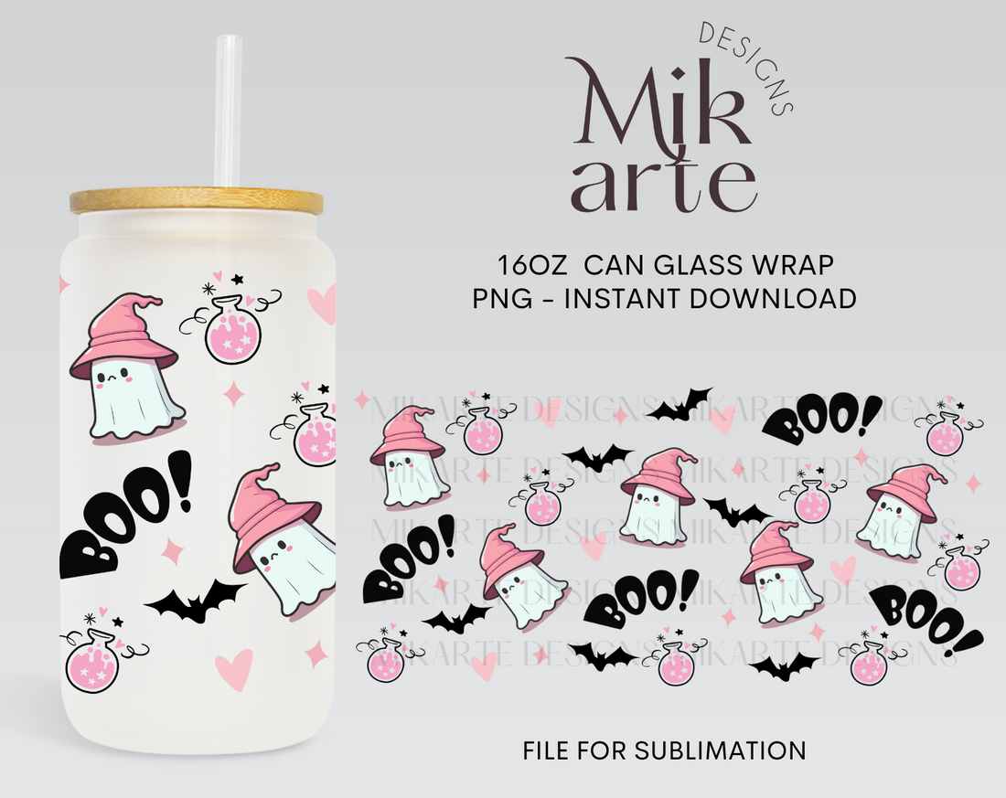 Cute Ghost Halloween | 16oz Glass Can PNG Digital Design