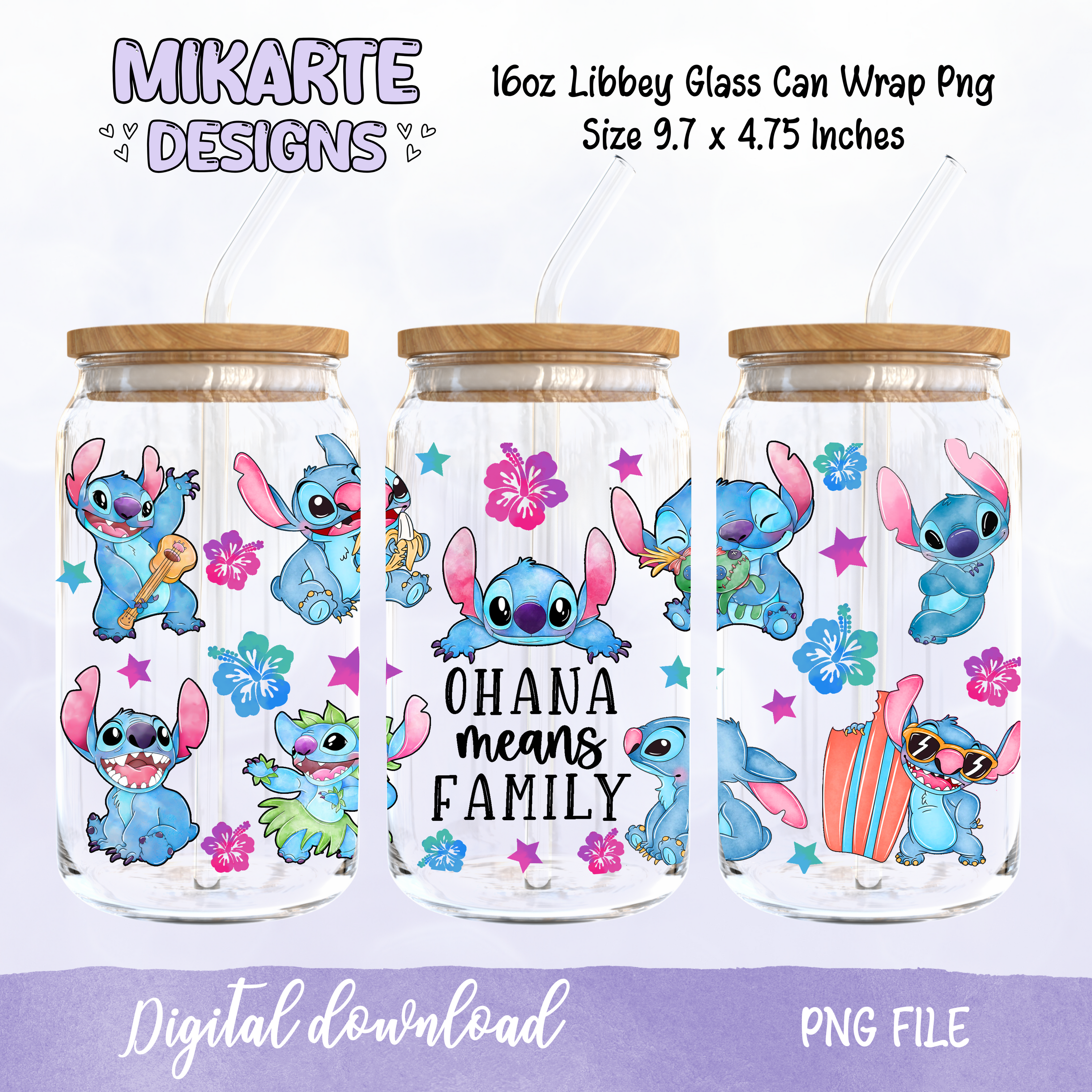 Ohana Significa familia | Diseño Digital PNG para Vaso de Vidrio de 16oz