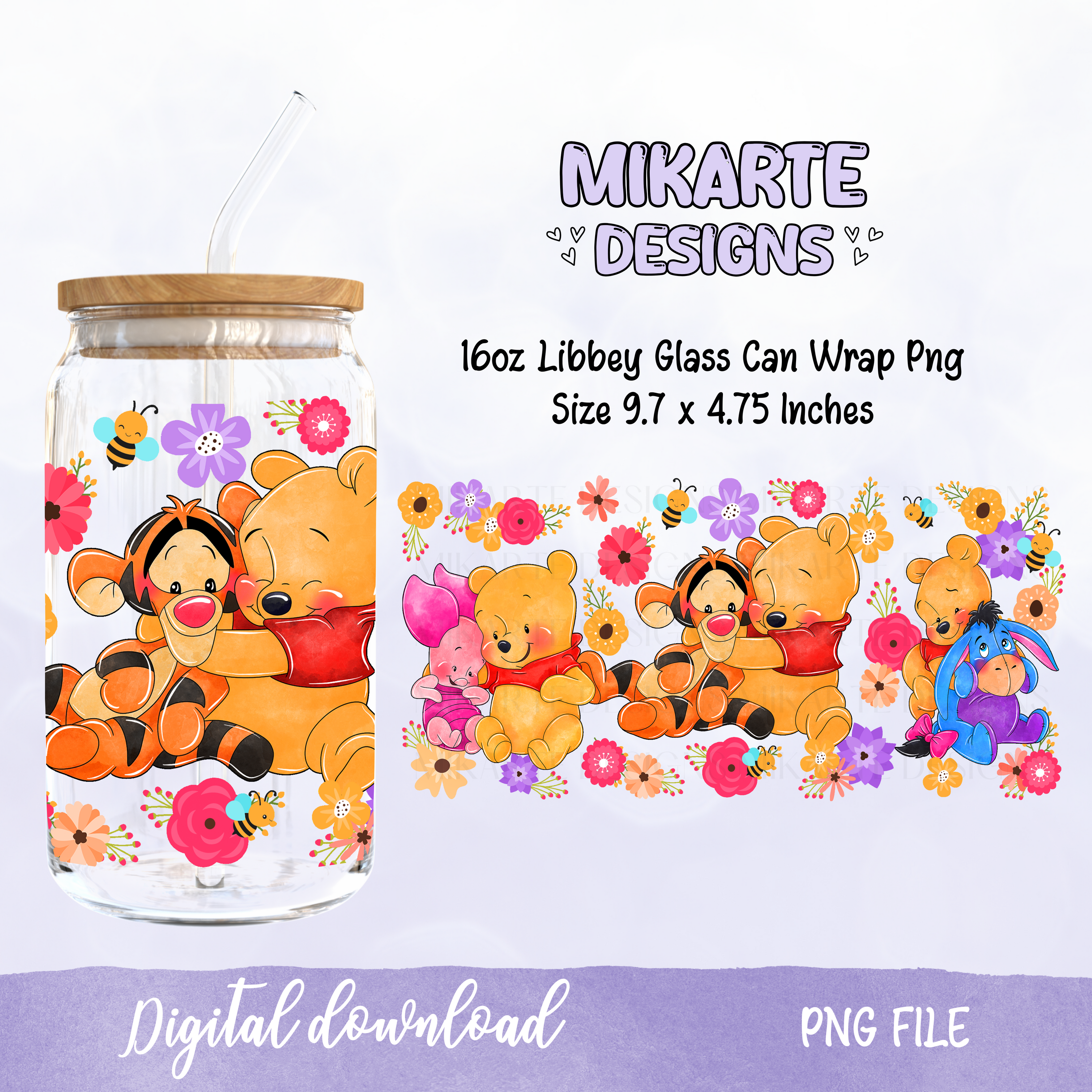 Osito Bonito y Amigos | Diseño Digital PNG para Vaso de Vidrio de 16oz