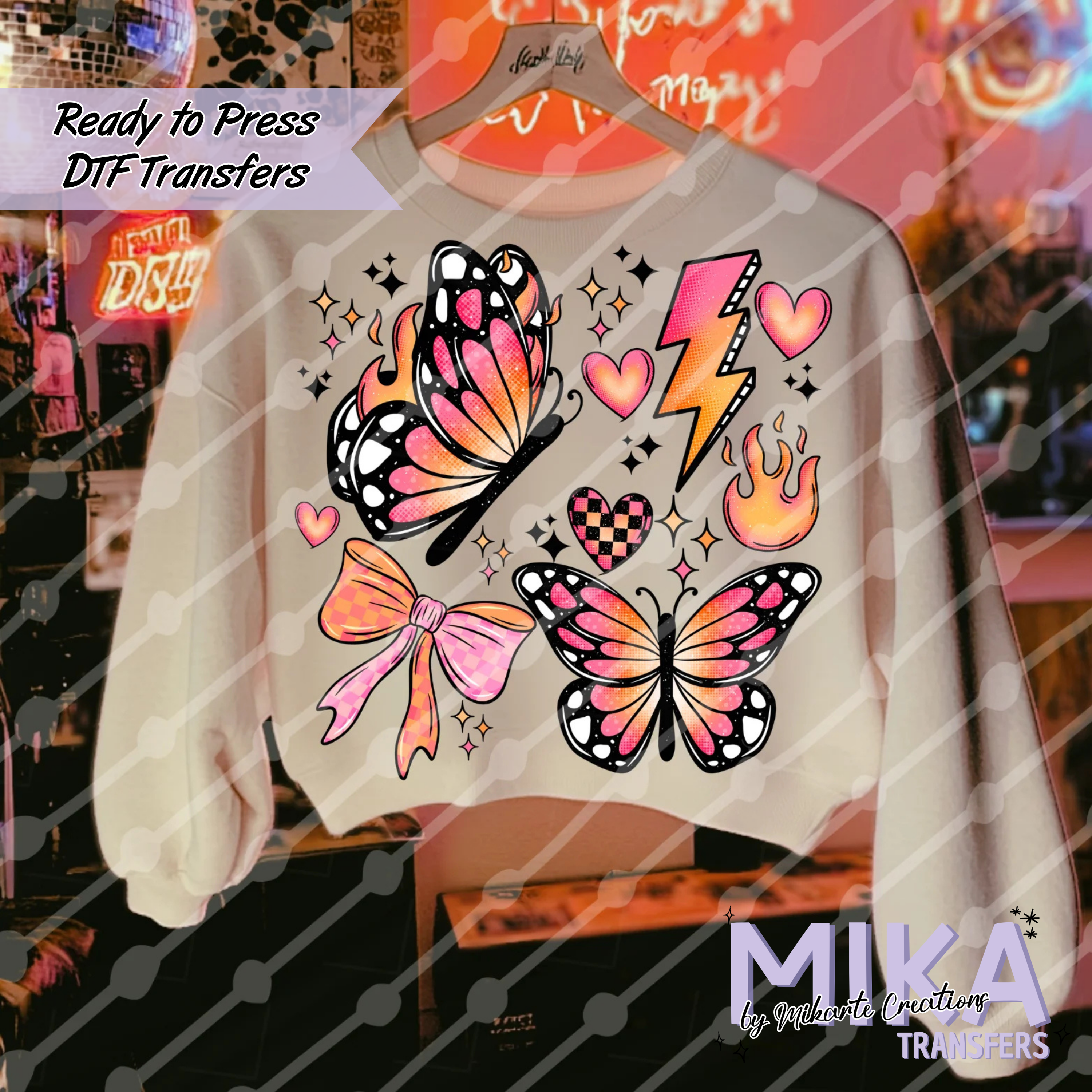Pink and orange butterfly collage | DTF transfers