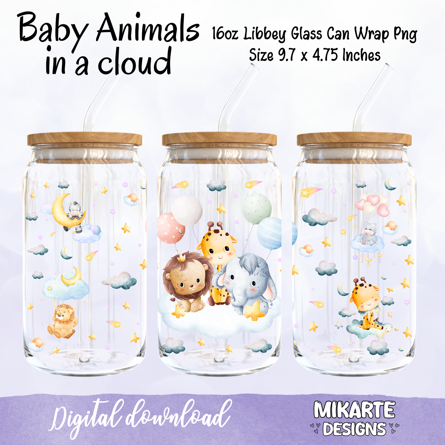 Baby Animals in a cloud | 16oz Glass Can PNG Digital Design