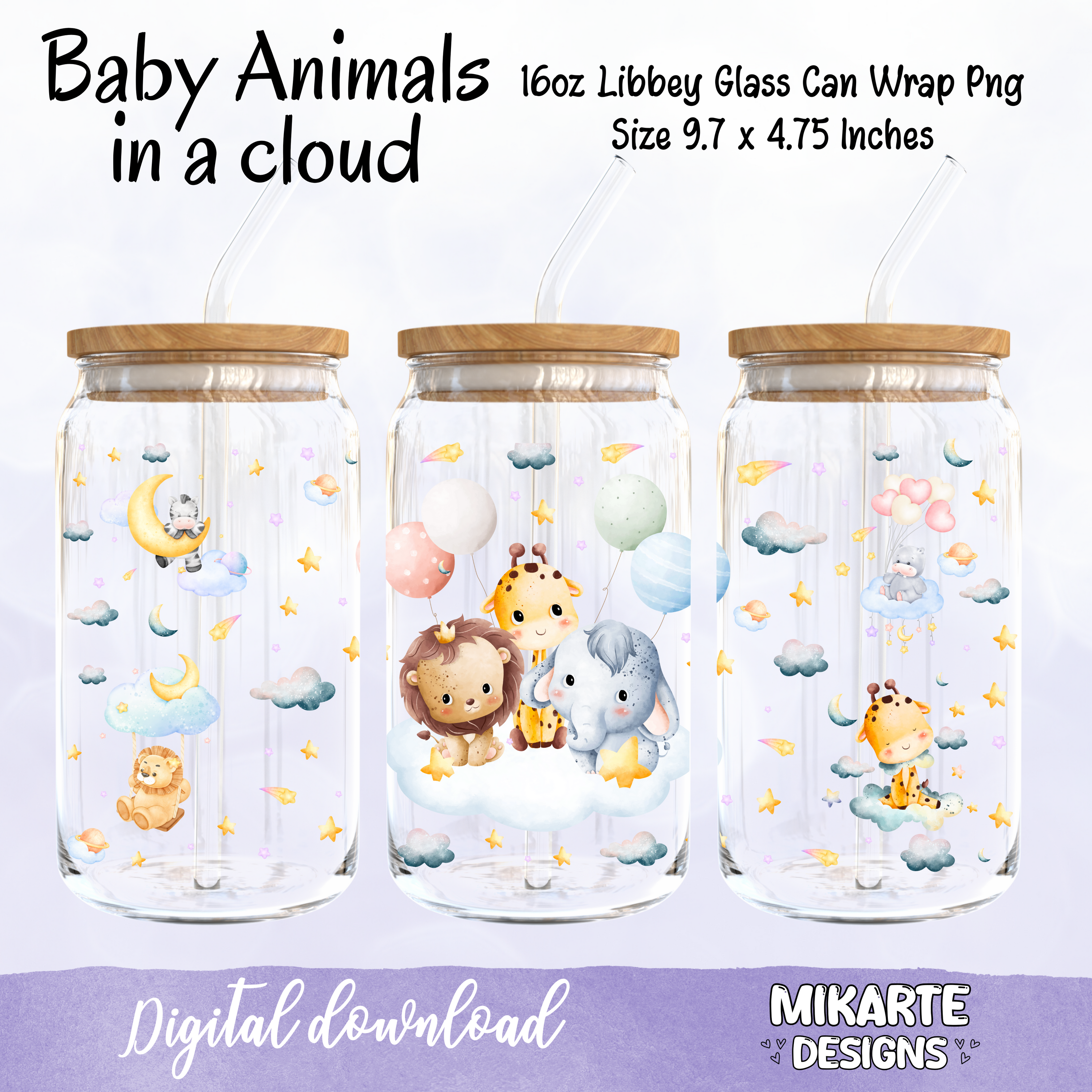 Bebés animales en una nube | Diseño digital PNG para vaso de vidrio de 16 oz