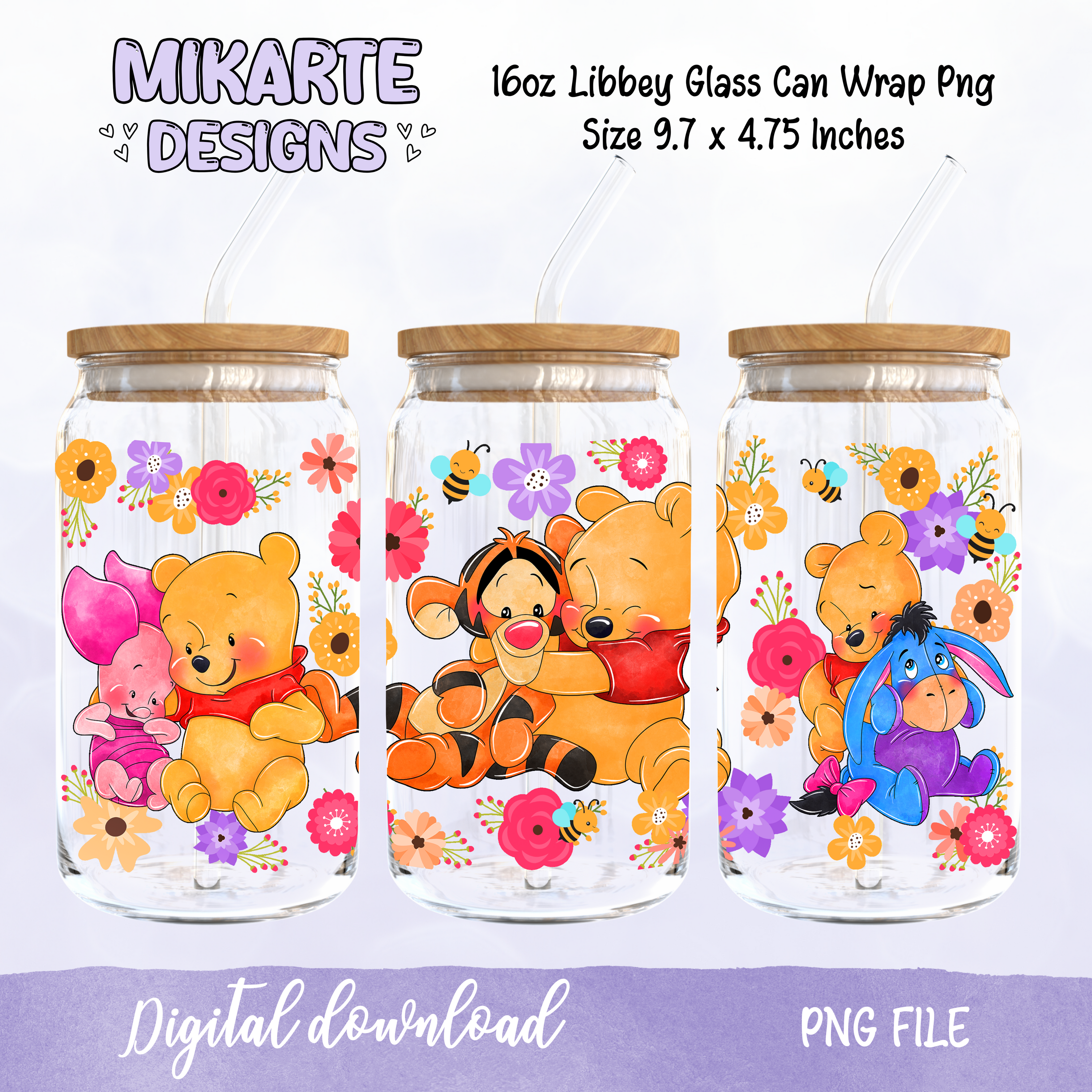Osito Bonito y Amigos | Diseño Digital PNG para Vaso de Vidrio de 16oz