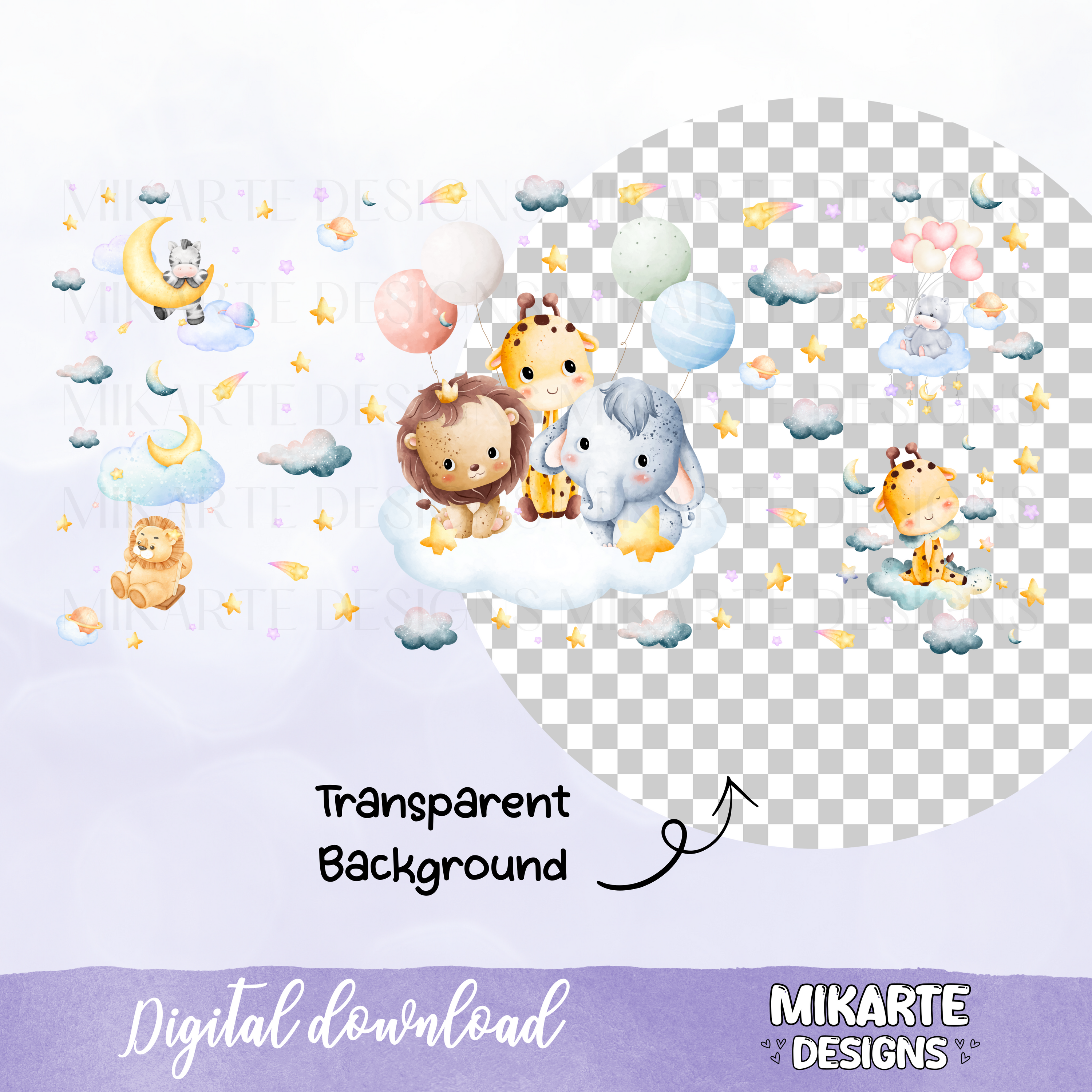 Bebés animales en una nube | Diseño digital PNG para vaso de vidrio de 16 oz