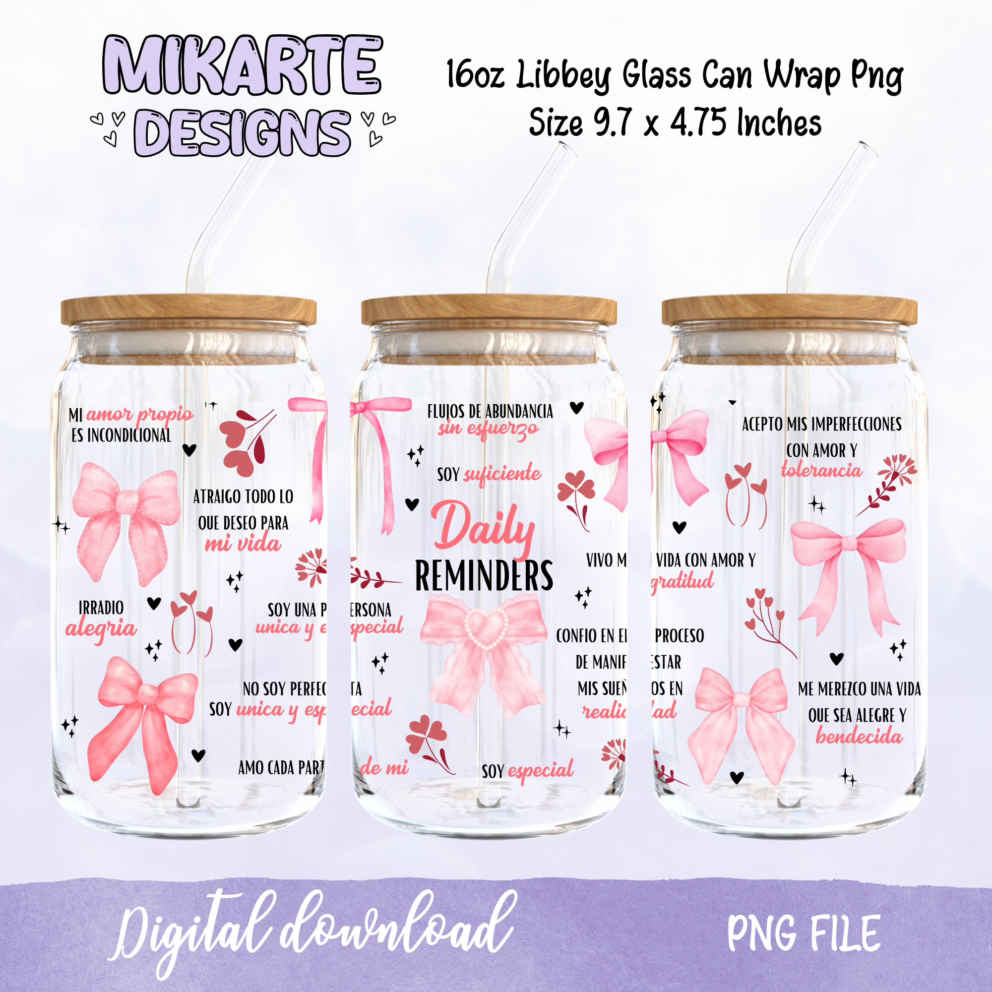 Recordatorio Diario Coqueta | Diseño Digital PNG Vaso de Vidrio de 16oz