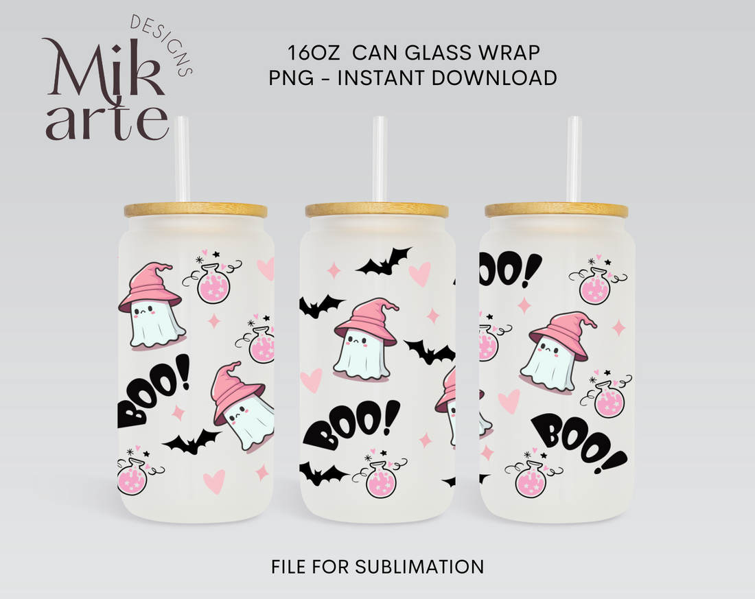Cute Ghost Halloween | 16oz Glass Can PNG Digital Design