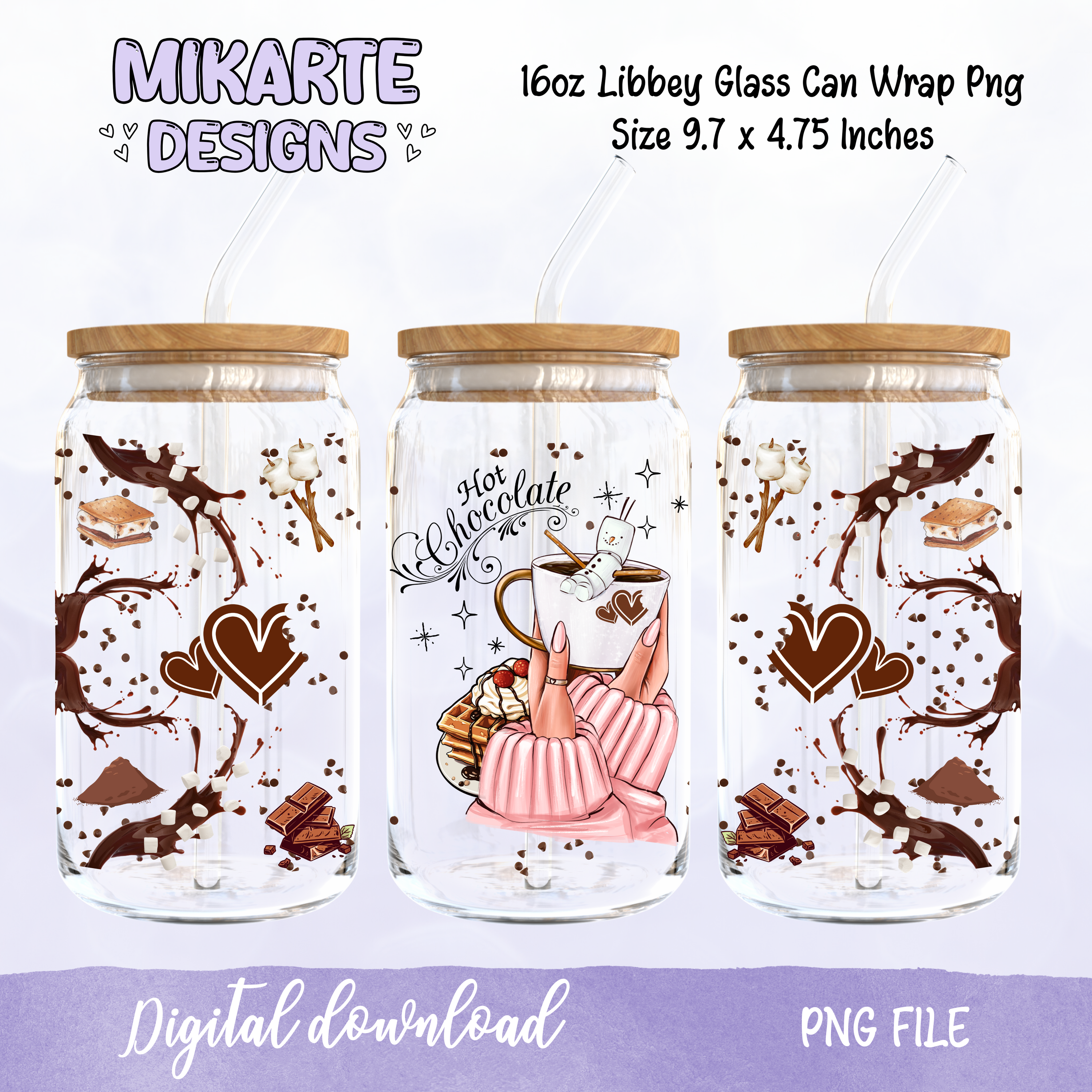 Chocolate Caliente | Diseño Digital PNG Vaso de Cristal de 16oz