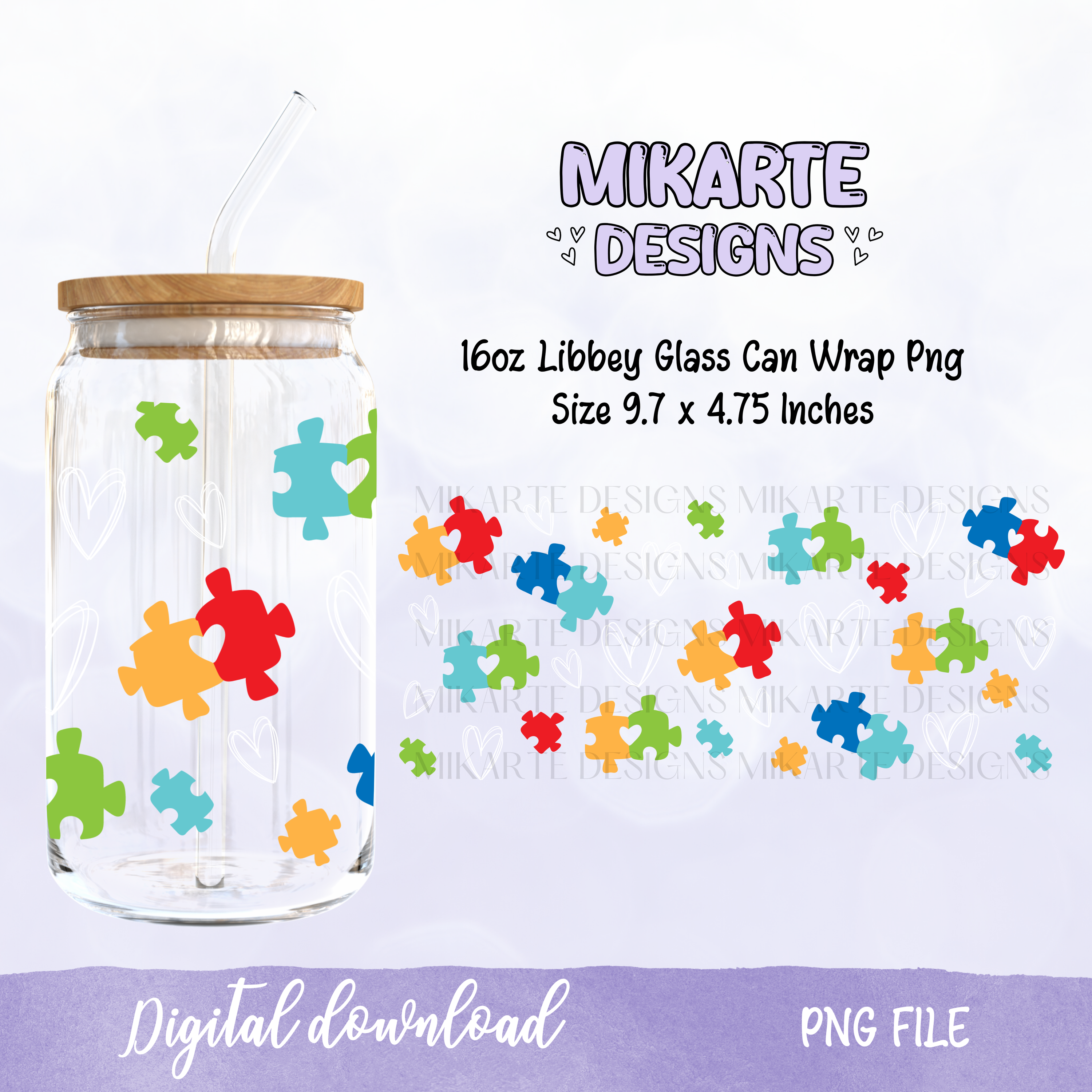 Autismo | Diseño digital PNG de vaso de vidrio de 16oz