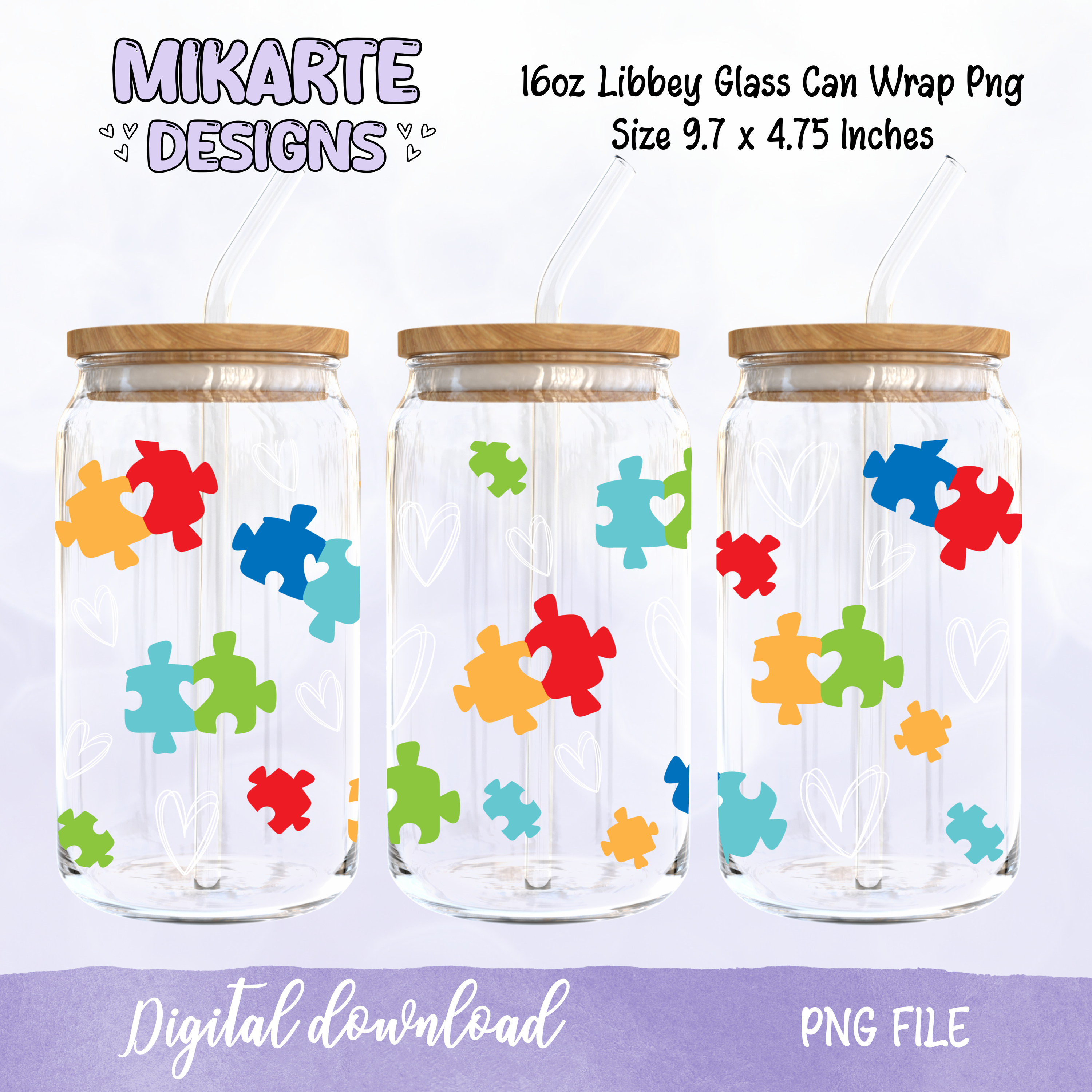 Autismo | Diseño digital PNG de vaso de vidrio de 16oz