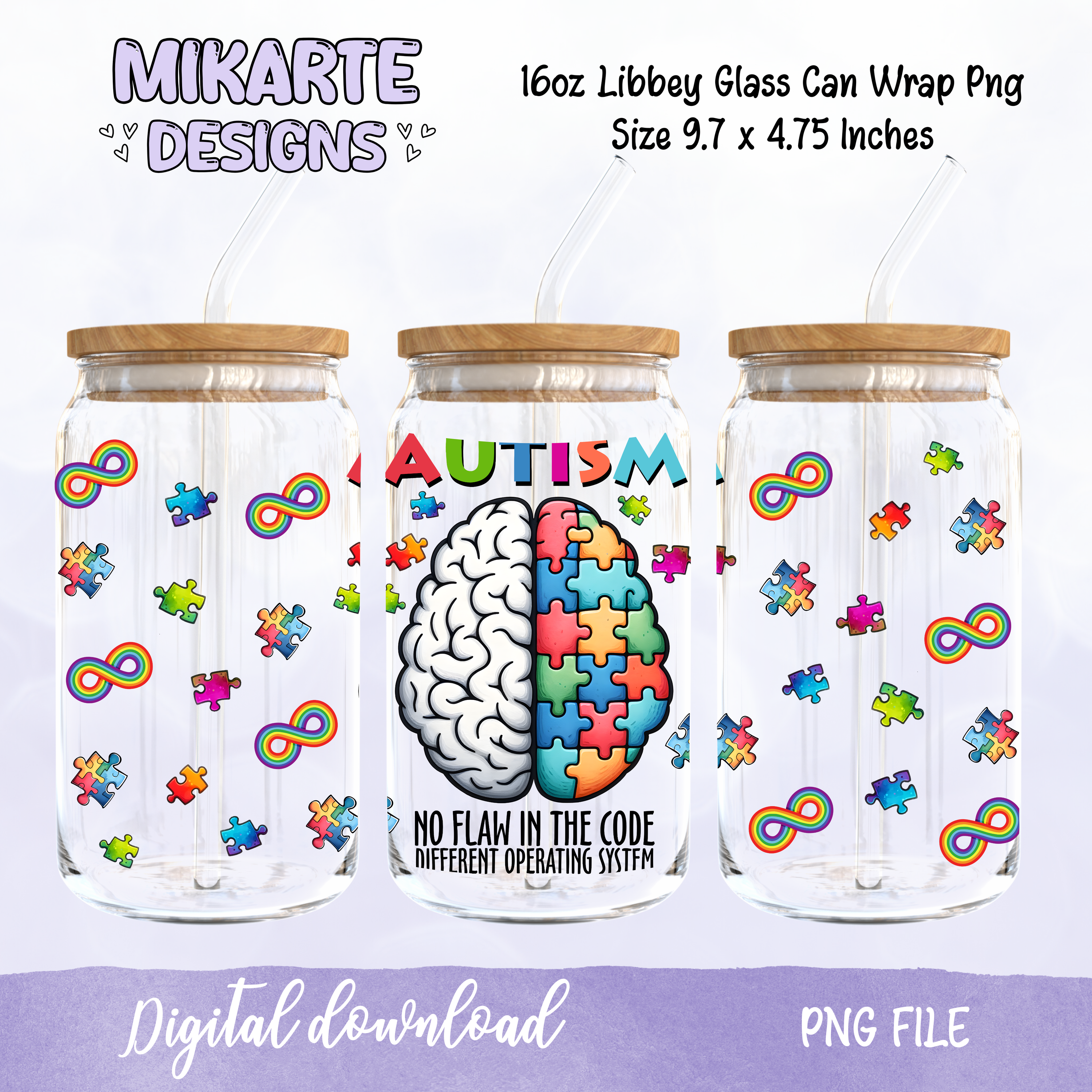 Autismo | Diseño digital PNG de vaso de vidrio de 16oz