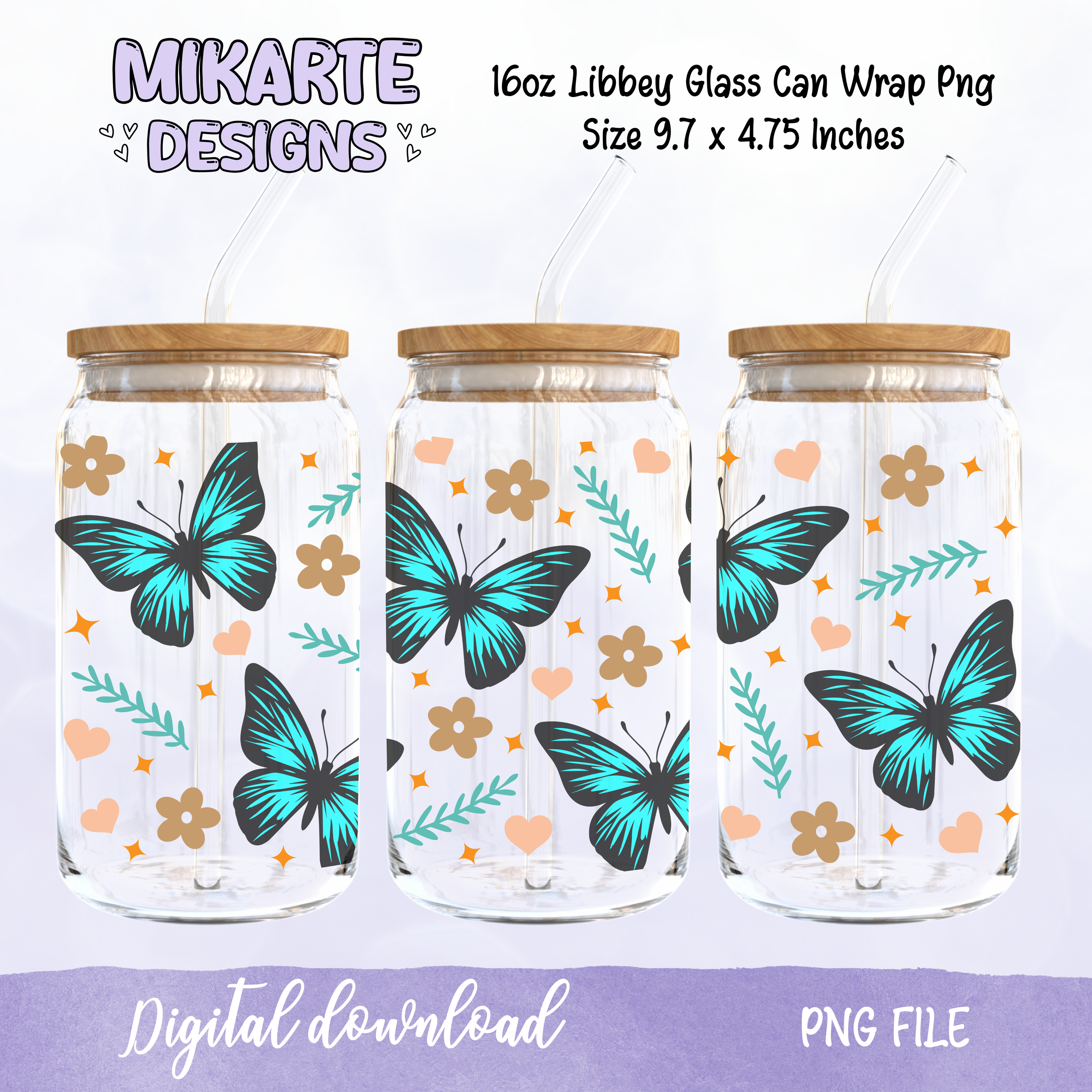 Mariposa | Diseño Digital PNG Vaso de Vidrio de 16oz