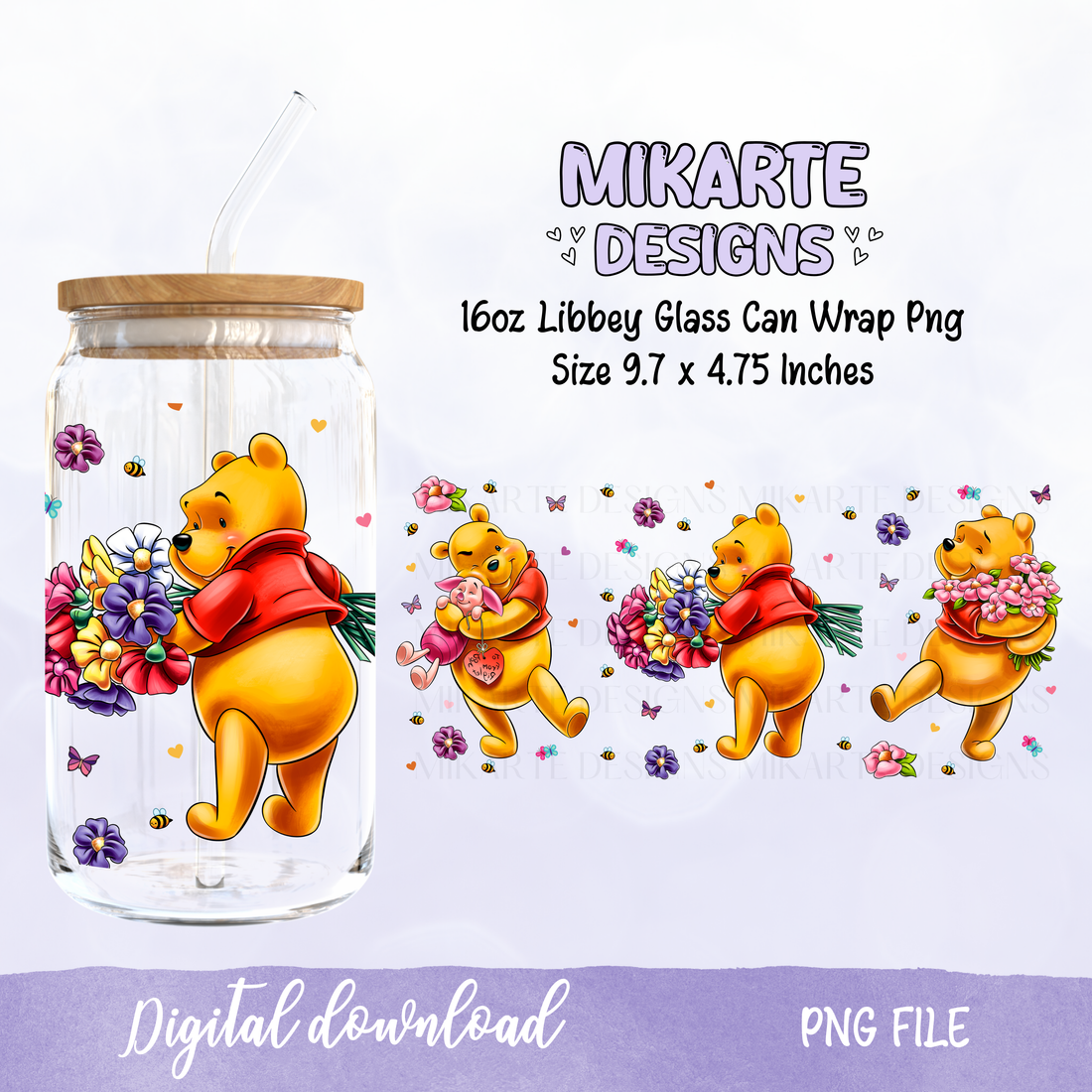 Spring Bear flower | 16oz Glass Can PNG Digital Design