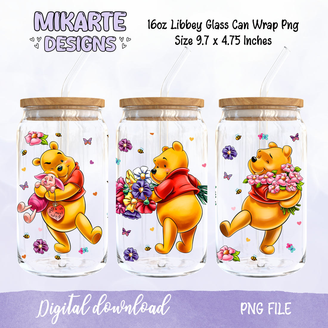 Spring Bear flower | 16oz Glass Can PNG Digital Design