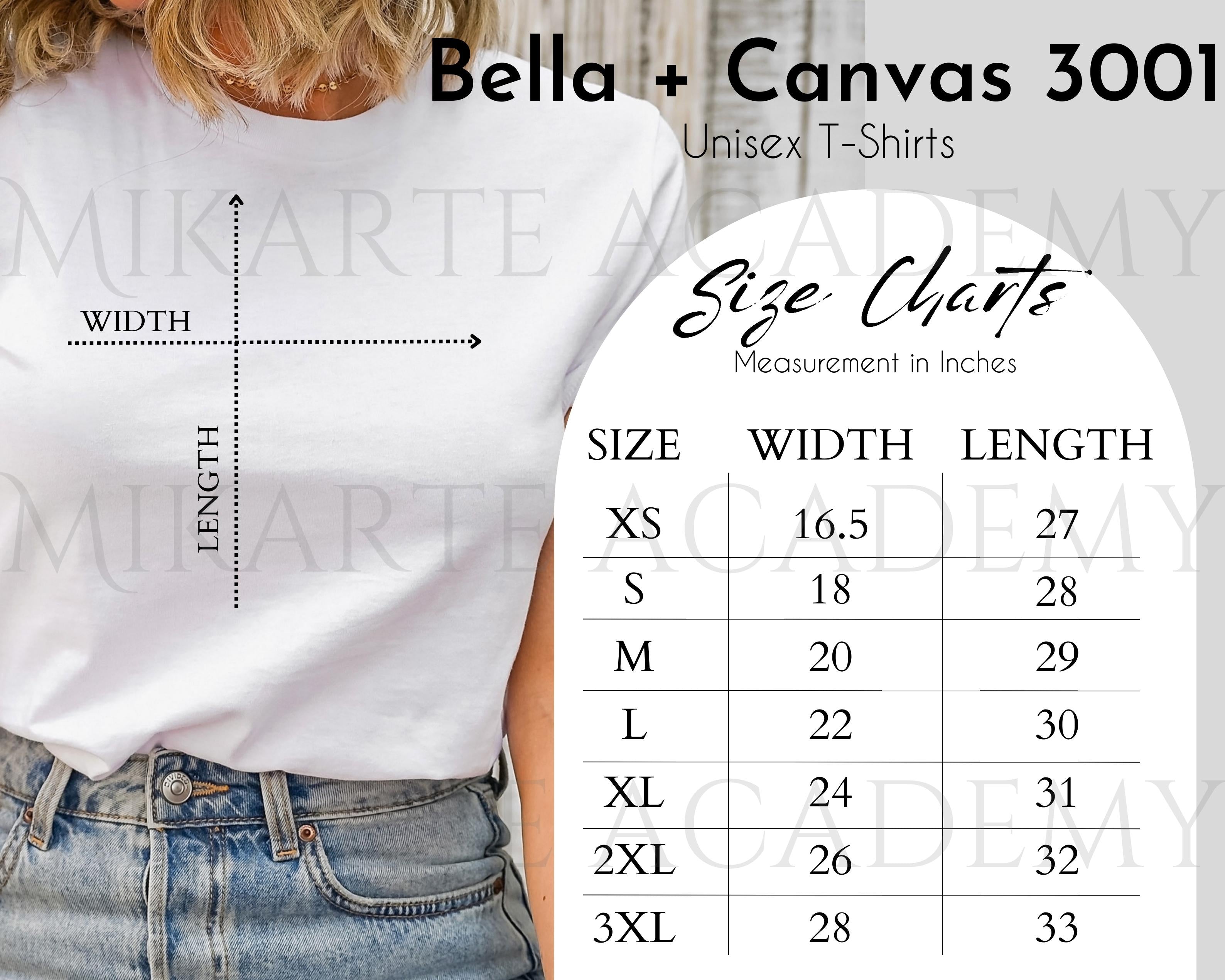 Bella + Canvas 3001 Unisex T-Shirt Size Chart