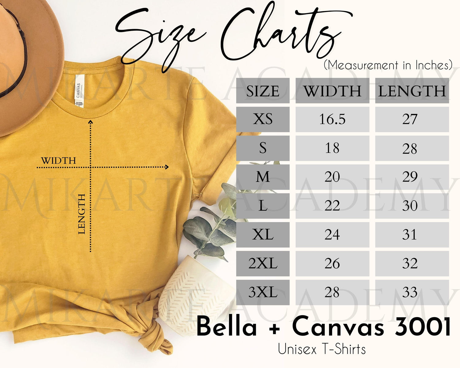 Bella + Canvas 3001 Unisex T-Shirt Size Chart