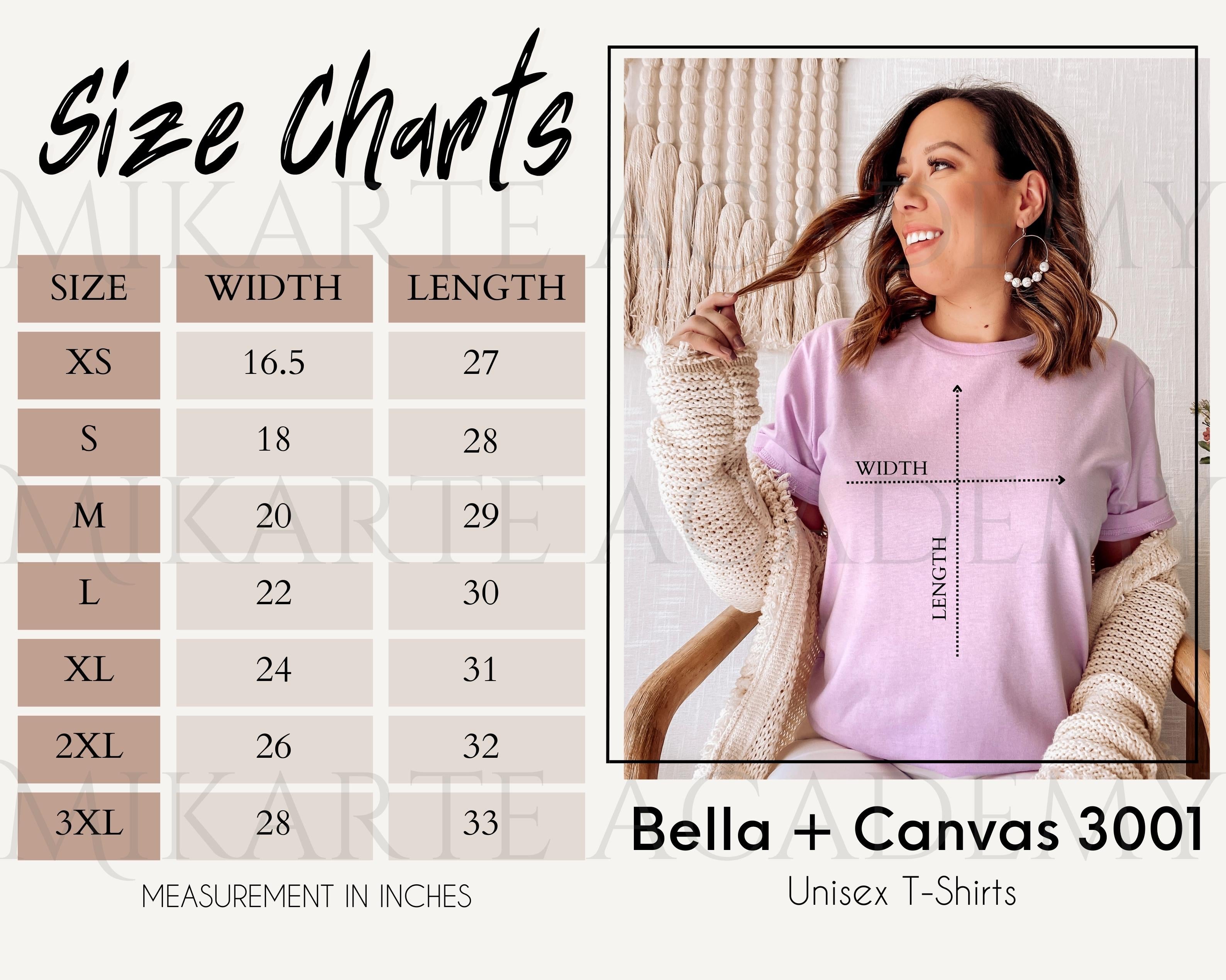 Bella + Canvas 3001 Unisex T-Shirt Size Chart